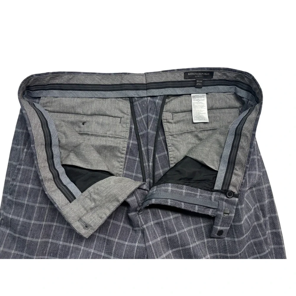 Banana Republic 36x30 Gray Windowpane Linen Dress Pants Trousers Flat Front Slim
